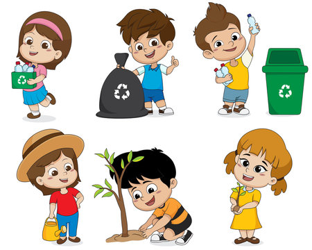 kid help save the world by collecting plastic bottles recycled, garbage drops into the bin and plant trees.