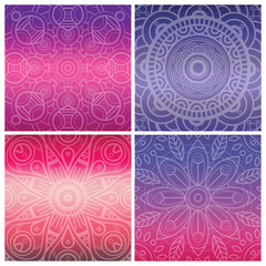 Set of cards with indian mandala on bright violet gradient background. Bohemian ornament for posters or banners.