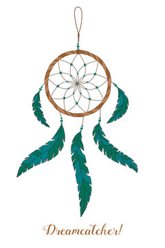 American Indians amulet. Dream catcher with feathers and beads on a white background. Boho style
