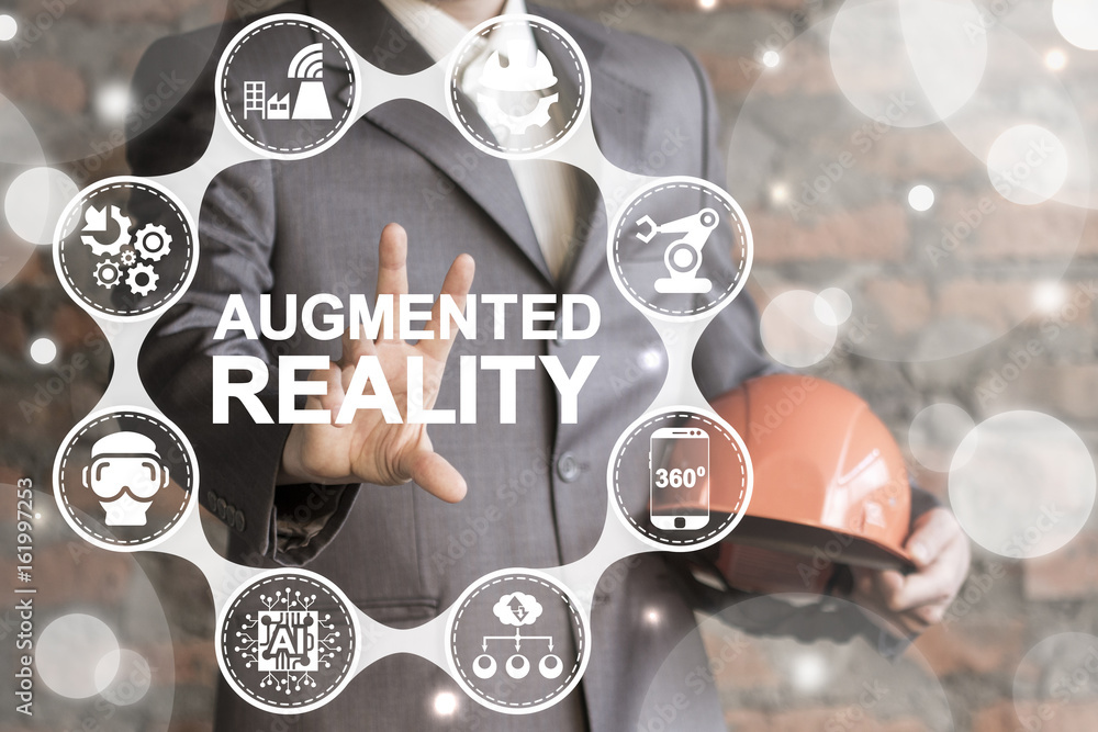 Poster augmented virtual reality smart industry 4.0 development engineering concept. man with hard hat offe