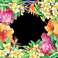 Square frame with branches purple protea, plumeria, strelitzia and hibiscus tropical flowers. Watercolor hand drawn painting illustration on black background. Element for posters, greeting cards.