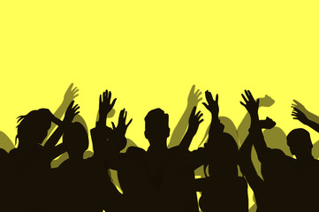 Personas bailando, contentas, grupo,  ilustración, fondo amarillo iluminado