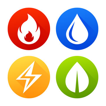 Icons fire, water, electricity and leaf