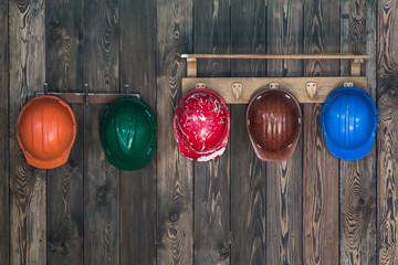 Multi-colored work helmets, construction helmets