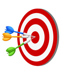 Target Dart arrow hitting center target on white background, flat vector illustration Web site page and mobile app design vector element.