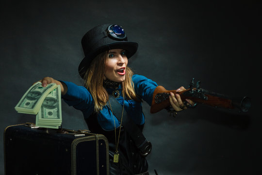 Steampunk girl with cash.