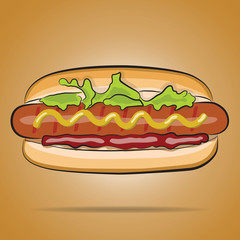 Hot dog with ketchup, mustard and lettuce