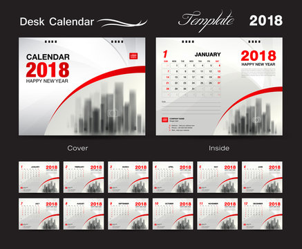 Desk Calendar 2018 template design, red cover, Set of 12 Months, Advertisement idea