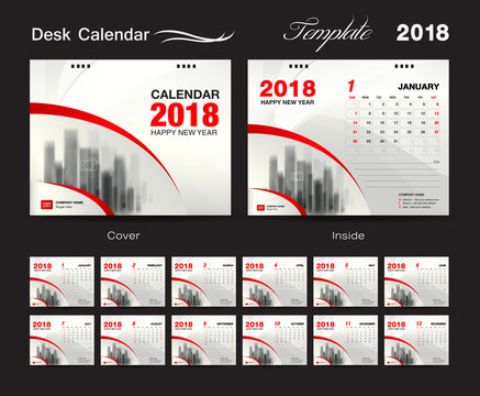 Desk Calendar 2018 template design, red cover, Set of 12 Months, Business calendar creative