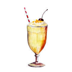 The milk shake with crunchies and cherry, watercolor illustration in hand-drawn style.