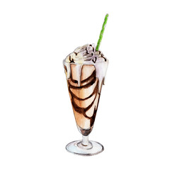 The milk shake with chocolate syrup and ice-cream, watercolor illustration in hand-drawn style. - 162003279