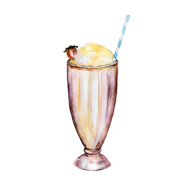 The milk shake in glass, watercolor illustration in hand-drawn style.