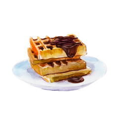 Belgian waffles with chocolate syrup in a white dish, watercolor illustration in hand-drawn style.