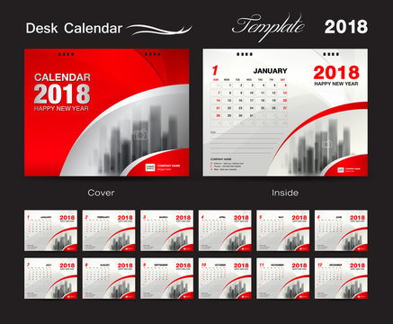 Desk Calendar 2018 template design, red cover, Set of 12 Months, Business calendar idea
