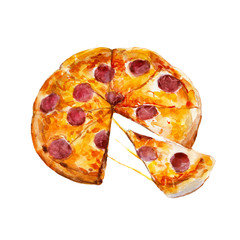 Pizza with pepperoni, watercolor illustration isolated on white background. - 162003622
