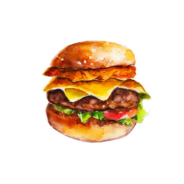 Hamburger with hash brown and vegetables, watercolor illustration isolated on white background.