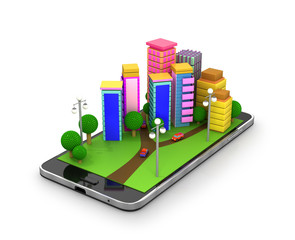 Obraz na płótnie Canvas Город с высокими зданиями на телефоне. 3D-иллюстрация