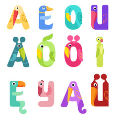 Vowels of the Latin alphabet like different birds / There are vowels of the Latin alphabet with eyes, beaks, and wings. The letters belong to English, Polish and German alphabet
