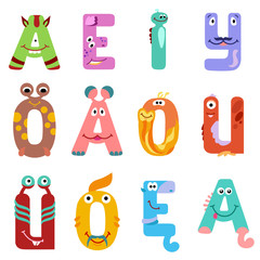 Vowels of the Latin alphabet like different monsters / There are vowels of the Latin alphabet with eyes, mouths, and ears. The letters belong to English, Polish and German alphabet
