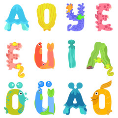 Vowels of the Latin alphabet like sea inhabitants / Vowels of the Latin alphabet with eyes, mouths, and fins. The letters are belong to English, Polish and German alphabet