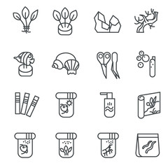 Items for aquarium hobby as line icons set 2 / There are types of aquarium decoration, food for inhabitants, chemical substances
