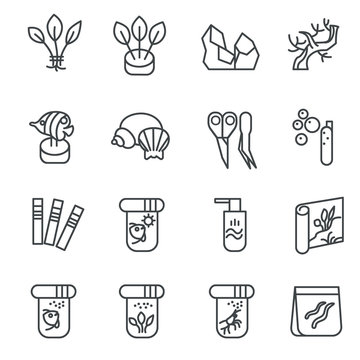 Items for aquarium hobby as line icons set 2 / There are types of aquarium decoration, food for inhabitants, chemical substances
