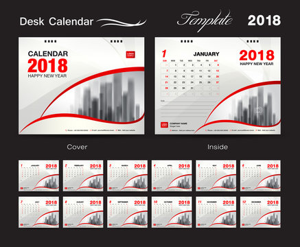 Desk Calendar 2018 template design, red cover, Set of 12 Months, corporate calendar idea