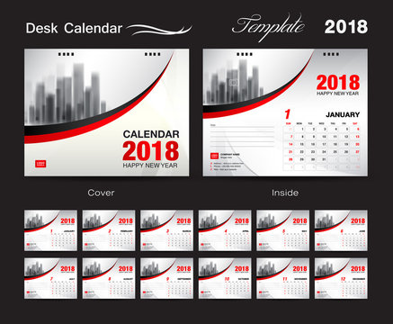 Desk Calendar 2018 template design, red cover, Set of 12 Months, corporate creative