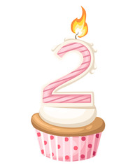 Happy Second 2 Birthday girl card with cupcake and candle in flat design style, vector illustration