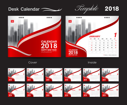 Desk Calendar for 2018 Year, Vector Design Print Template, Red cover with Place for Photo, Set of 12 Months