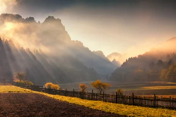 Fotobehang Chocoladebruin Ochtendzon in bergachtig landschap in herfstkleuren, Slowakije - Sulov-rotsen, Europa.  © Viliam