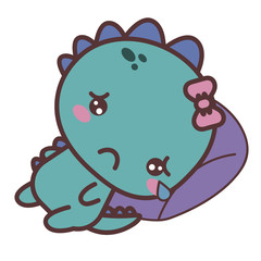 A dinosaur sad girl crying lying on a pillow