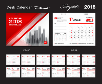 Desk Calendar for 2018 Year, Vector Design Print Template, Red cover with Place for Photo