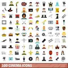 100 cinema icons set, flat style
