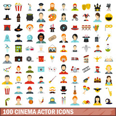 100 cinema actor icons set, flat style