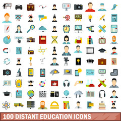 100 distant education icons set, flat style