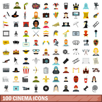 100 cinema icons set, flat style