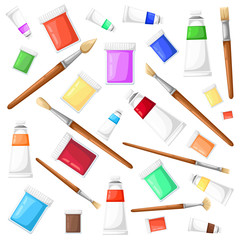 Paint brush Tubes Set Vector Illustration Cartoon background Art materials icons set easel paint palette Web site page and mobile app design vector element.