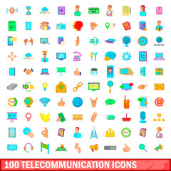 100 telecommunication icons set, cartoon style