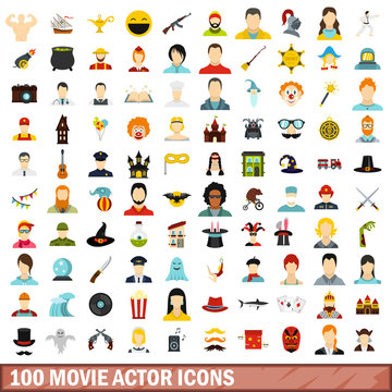 100 movie actor icons set, flat style