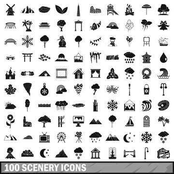 100 scenery icons set, simple style 