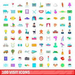100 visit icons set, cartoon style