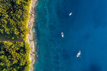 Zone côtière avec trois bateaux sur l& 39 eau bleue claire et forêt sur terre - vue aérienne prise par drone