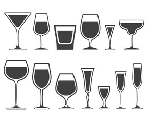 Set of wineglass and glass different shapes vector icons with poured liquid inside isolated on white background