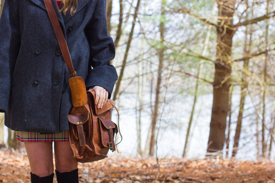 Teen Girl in Winter Pea Coat with Leather Bag 1