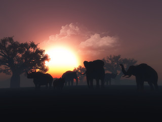 Fototapeta na wymiar 3D wild animals in a sunset landscape