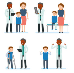 Caring for the health of the child. Set of pediatrician and the mother with son on a white background. African doctor. Family doctor. Vector illustration in a flat cartoon style
