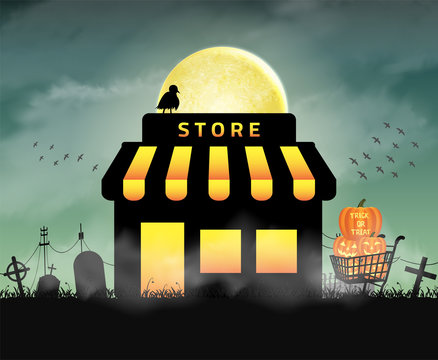 Halloween Store Shop Open In Night  Graveyard