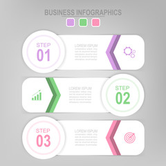 Infographic template of three steps on squares, tag banner, work sheet, flat design of business icon, vector