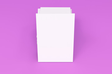 Stack of blank white closed brochure mock-up on violet background